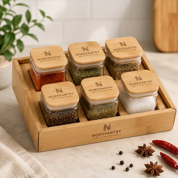 Nordpantry 6-Jar Glass Spice Set with Bamboo Lids & Wood Tray