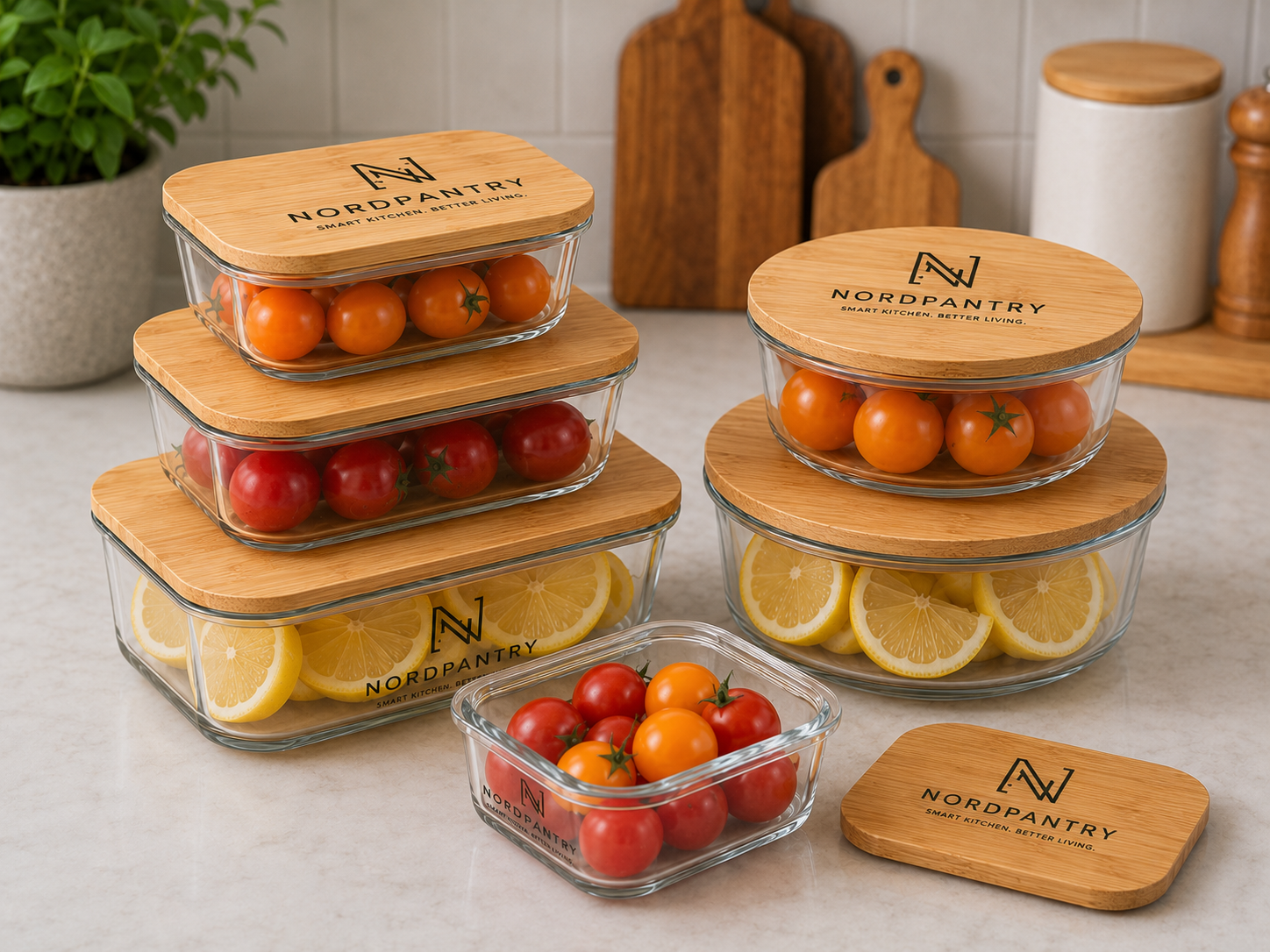 Nordpantry Premium Glass Food Storage Set with Bamboo Lids - 6 Piece
