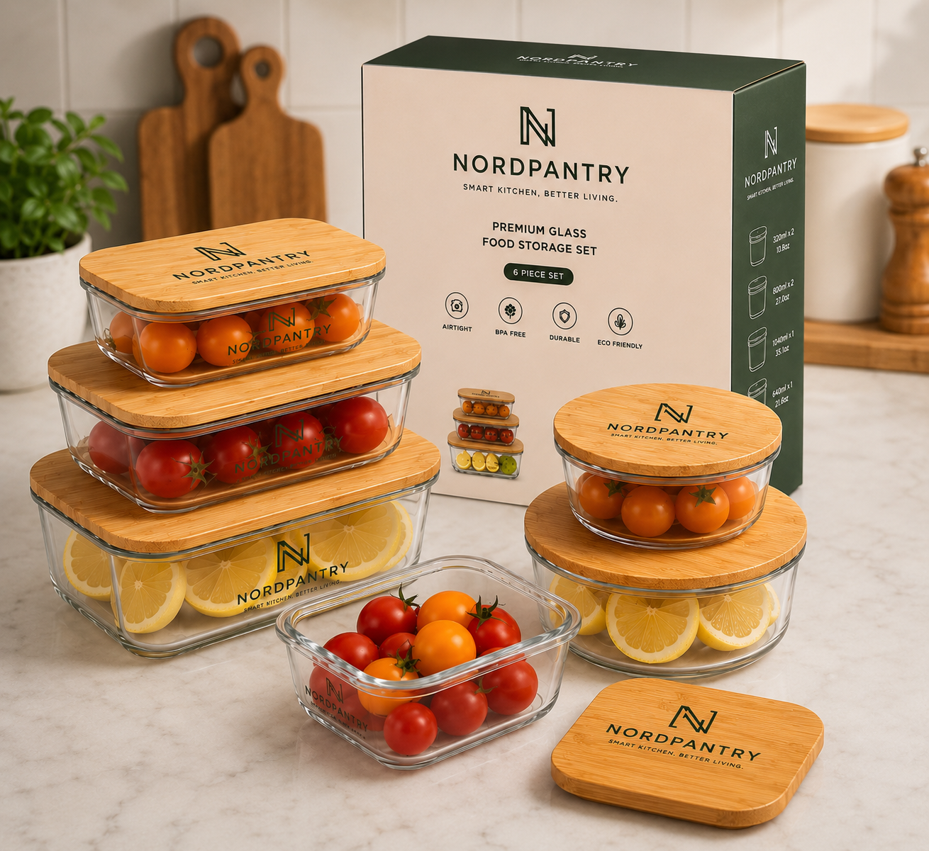Nordpantry Premium Glass Food Storage Set with Bamboo Lids - 6 Piece