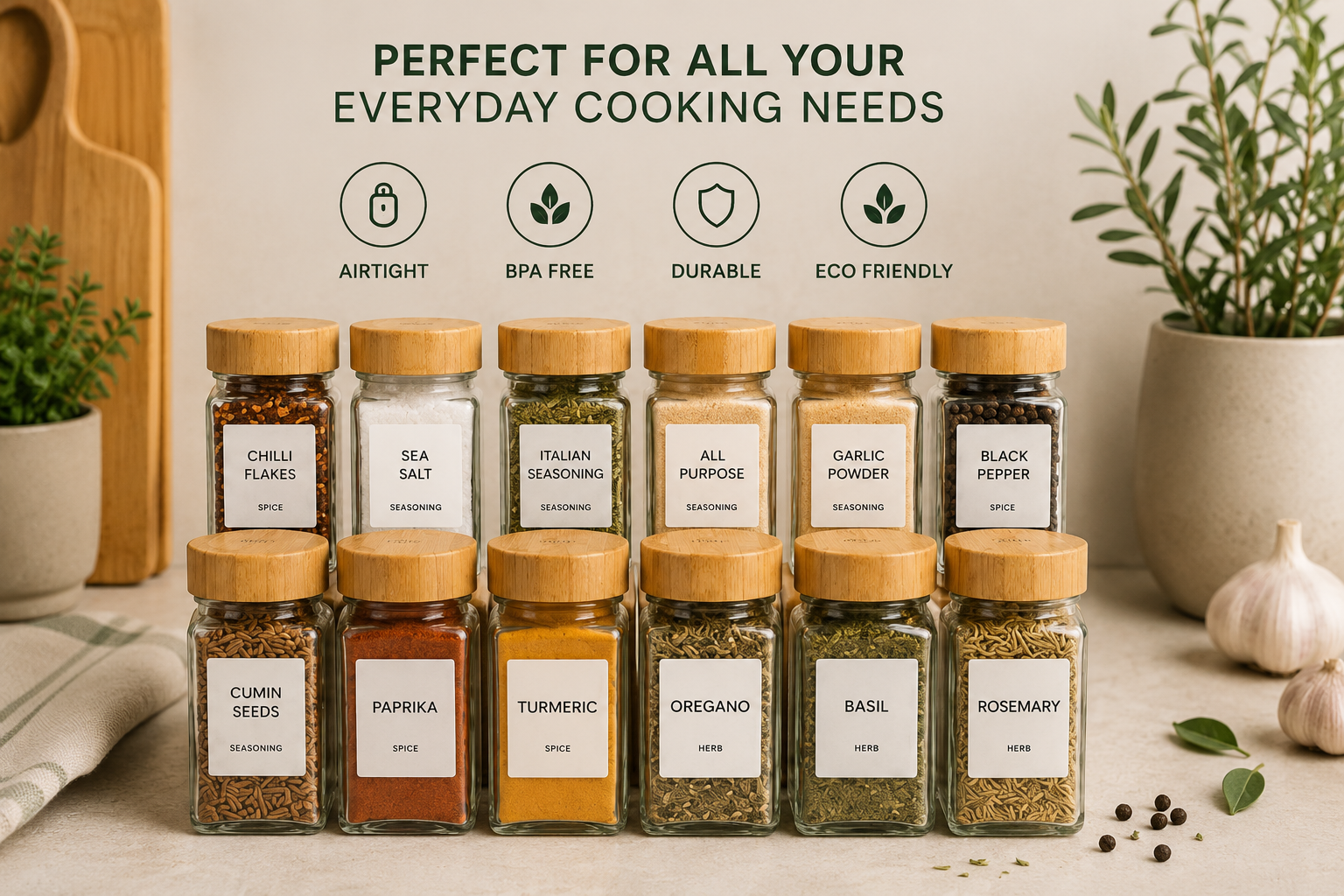 Nordpantry 12-Piece Glass Spice Jar Set with Bamboo Lids & Labels