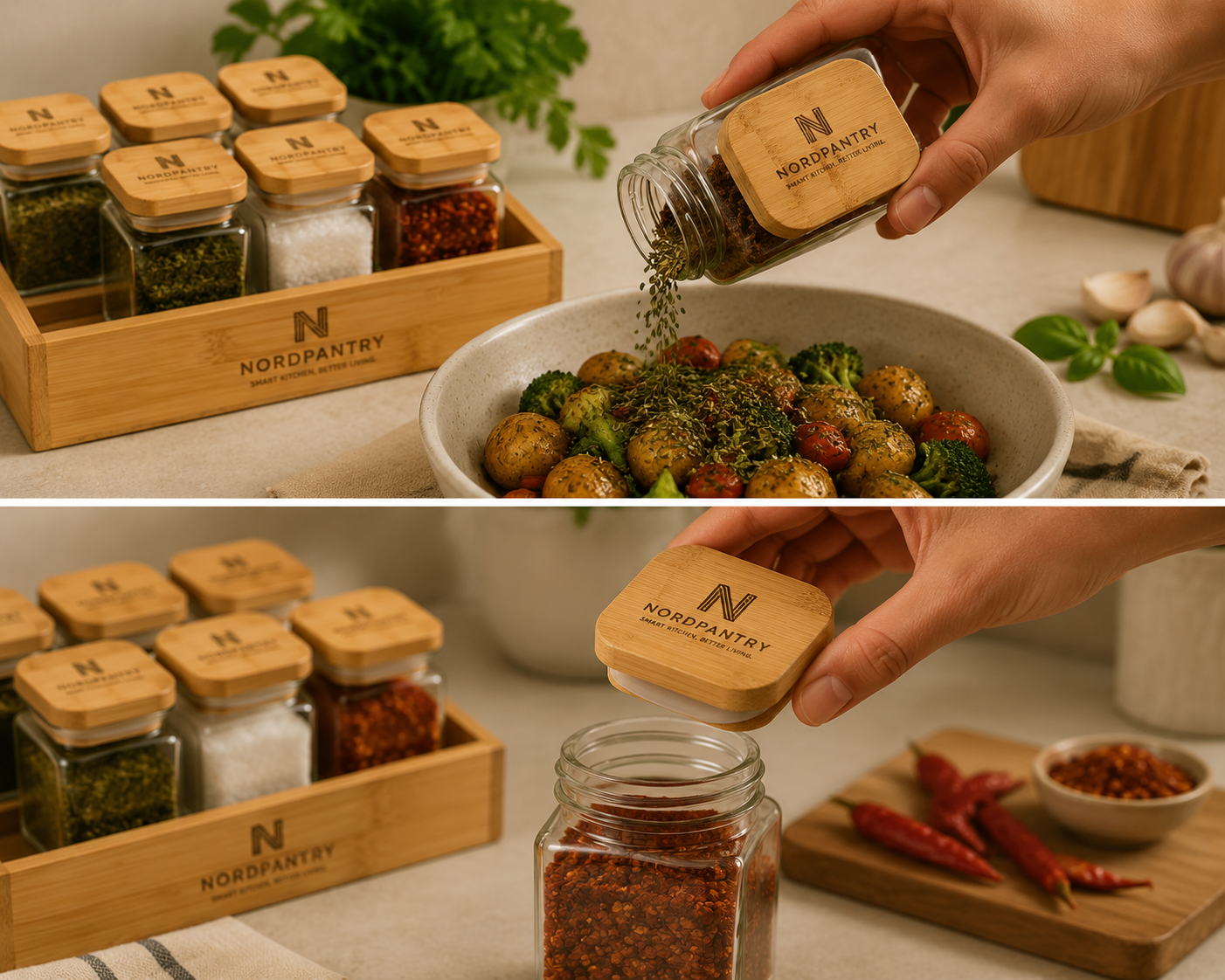 Nordpantry 6-Jar Glass Spice Set with Bamboo Lids & Wood Tray