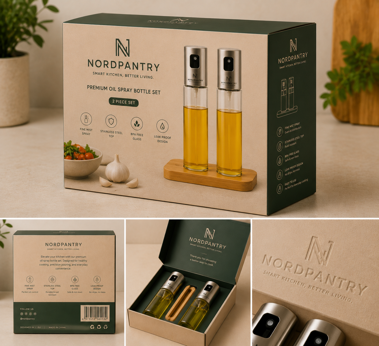 Nordpantry Glass Oil Sprayer Set with Bamboo Stand - 2 Pack
