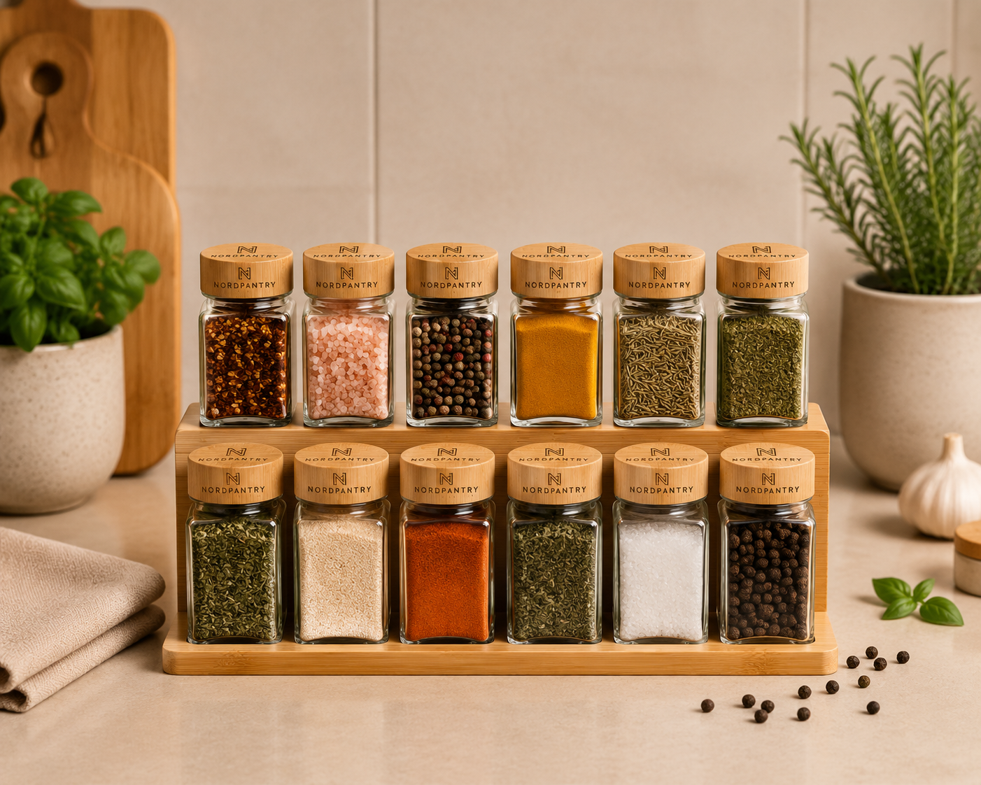 Nordpantry 12-Piece Glass Spice Jar Set with Bamboo Lids & Labels